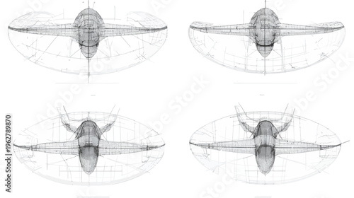 Four perspective grayscale illustrations of an aircraft, appearing inside a partially visible transparent sphere