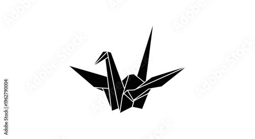 Black origami crane silhouette on white background
