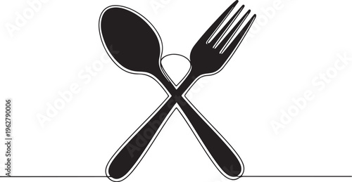 Crossed black fork and spoon on white background icon