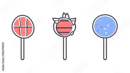 Three colorful lollipop illustrations with different designs and detailed outlines against a white backdrop