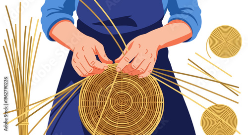 Close up of hands weaving a basket with natural materials.