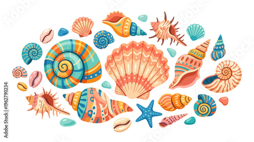 Collection of Colorful Seashells and Starfish Illustration.