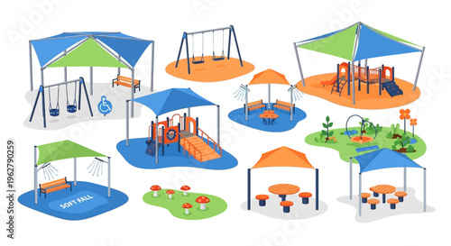 Collection of Modern Outdoor Playground Equipment and Play Structures.