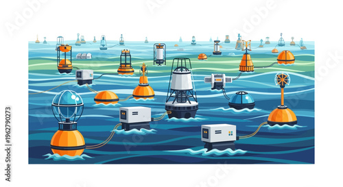 Collection of Diverse Marine Navigation Buoys Floating on Water.