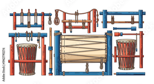 Collection of Traditional African Drums and Percussion Instruments.