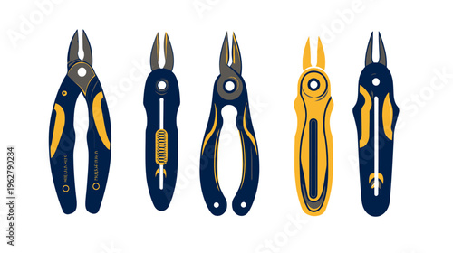 Stylized illustration of five different pliers or wire cutters tools with yellow and blue accents