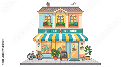 Charming Boho Boutique Building Facade with Bicycle.