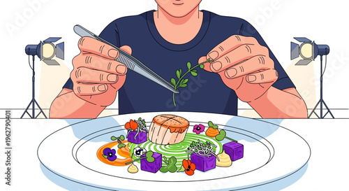 Chef meticulously garnishing a gourmet dish with tweezers.