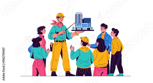 Construction Manager Explains Building Model to Diverse Group.