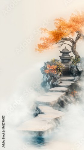 Mystical pathway leading to a pagoda, surrounded by autumn foliage and mist, creating an enchanting atmosphere