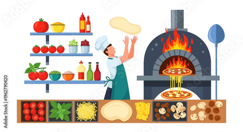 Chef preparing pizza in a traditional wood-fired oven.