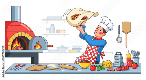 Chef skillfully tossing pizza dough in a rustic kitchen setting.