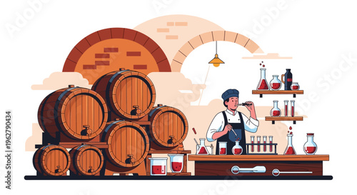 Chemist analyzing liquid in laboratory with wine barrels.