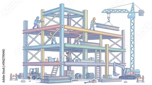Construction of a multi-story steel frame building with workers and machinery.