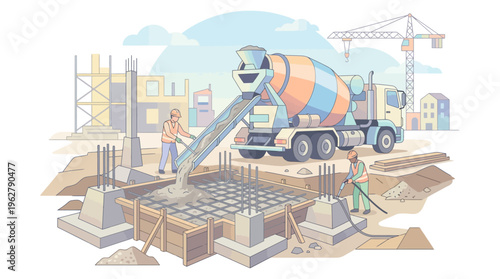 Construction Site Concrete Pouring with Mixer Truck and Workers.