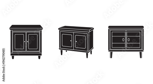 Three black silhouettes of different cabinet styles with doors and drawers on white background  furniture illustrations