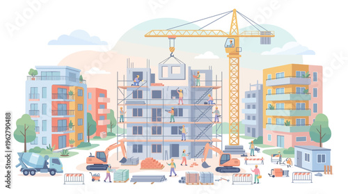 Construction Site with Crane and Buildings Under Development.