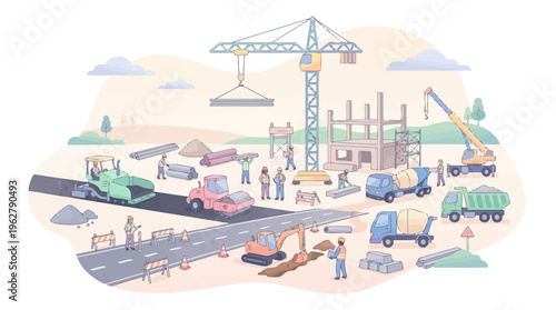 Construction Site with Heavy Machinery and Workers.