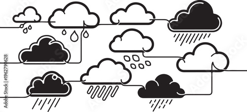 Weather forecast icons with clouds and rain precipitation symbols