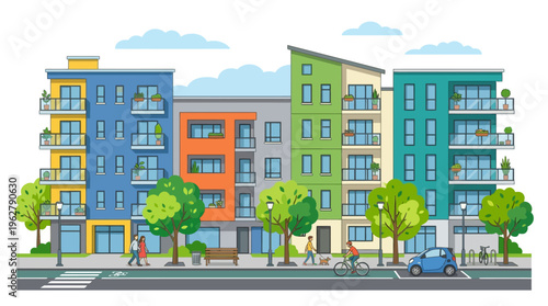Colorful Modern Apartment Buildings Facade with Trees and People.
