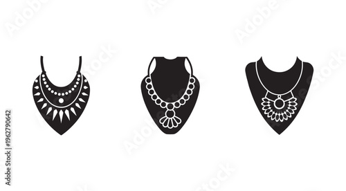 Three black silhouettes of female necklaces with decorative designs on white background  jewelry and accessories concept