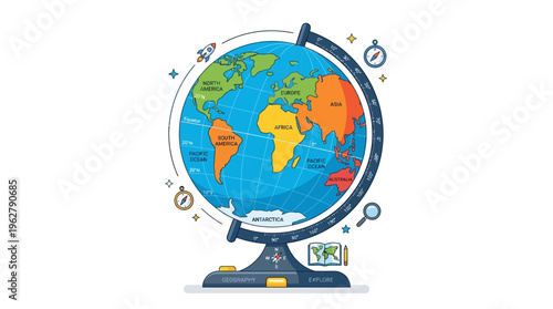 Colorful World Globe on Stand with Continents and Oceans.