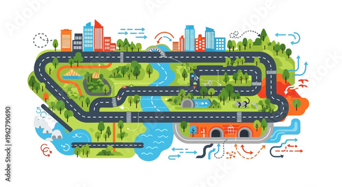 Complex City Road Network with Green Spaces and Water Features.