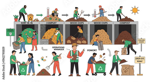 Composting Process Stages and Activities Illustrated.
