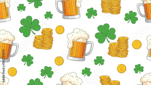 Lively St. Patricks Day pattern featuring foamy beer mugs, stacks of gold coins, and green shamrocks over a white background for holiday themes.