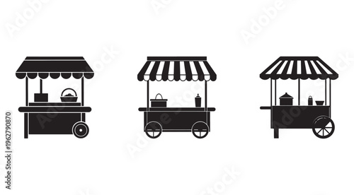 Three black silhouettes of food carts with awnings and wheels on white background  vendor carts for sale or serving food and drinks in a street or market setting