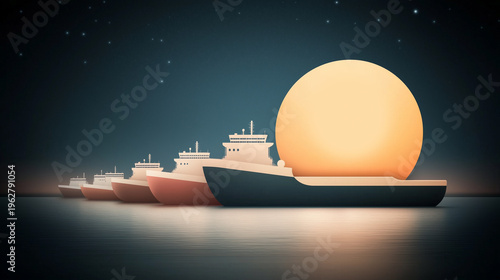 Stylized ships under a glowing moon, creating a dreamy atmosphere on calm waters, perfect for maritime themes