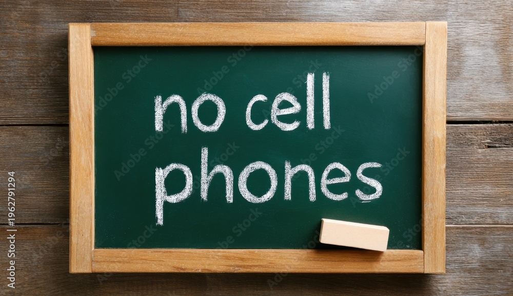 Fototapeta premium Green chalkboard with the handwritten message 'no anime villain phones' in white chalk, mounted on a wooden wall, conveying a message of prohibition or focus