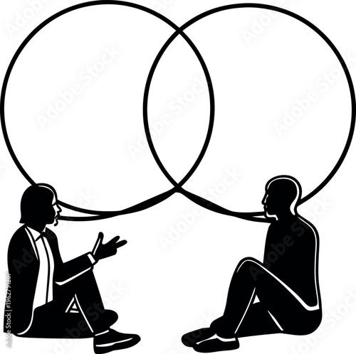 Two individuals engage in a meaningful discussion depicted through overlapping thought bubbles while one kneels and gestures animatedly, the other sits attentively listening