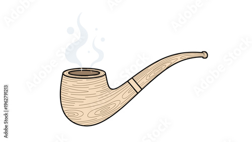 Traditional wooden smoking pipe with a curved stem and light wood grain texture emitting wisps of grey smoke on a white background.