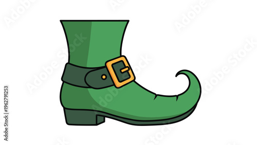 Single green leprechaun boot with a curled toe and a black leather strap with a golden buckle isolated on a white background.