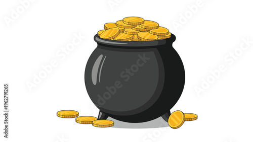 Black iron pot filled to the brim with glowing gold coins with several coins scattered around its base on a white background.