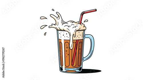 Tall glass mug of frothy beer with a red straw splashing over the edge with bubbles and drops on a white background.