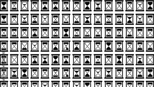 Black and white seamless pattern consisting of a grid of numerous small hourglass icons in various stages of sand flow.