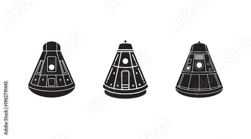 Three black spacecraft capsules with white outlines and details on white background  space exploration concept