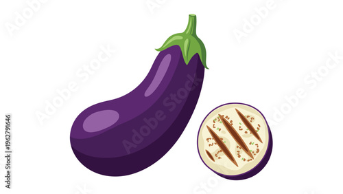 Large dark purple eggplant standing next to a circular slice of grilled eggplant showing inner seeds and grill marks on white.