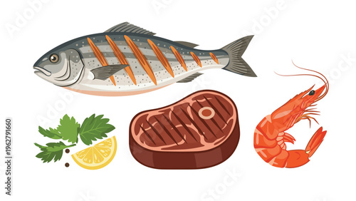 Collection of grilled seafood and meat including a whole fish, steak, and a large shrimp with lemon and parsley.