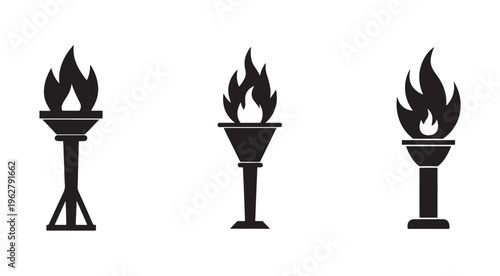 Three black torch icons with flames on top  isolated on white background