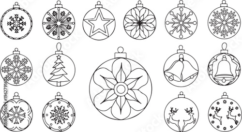 Black and white Christmas ornaments illustrations set for holiday