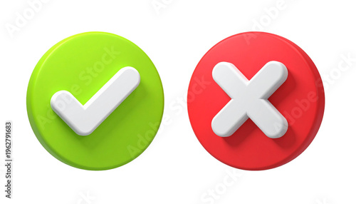 3D Green Check and Red Cross Icons - UI Buttons for Success and Failure isolated on white background