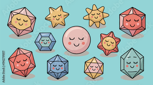 Smiling Gemstone Array: A vibrant collection of smiling gemstones and pearls, each with unique shapes and radiant colors, exuding happiness and charm on a light blue backdrop.