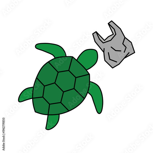 Green Sea Turtle Swimming Near Plastic Bag Waste in Ocean Pollution
