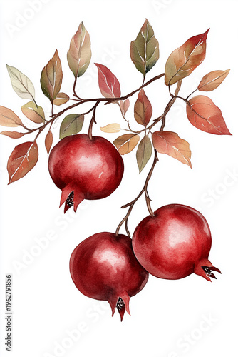 Stunning watercolor artwork of pomegranates and leaves, capturing the essence of fall