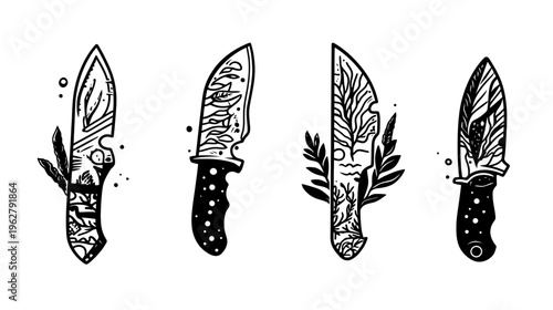 A black and white illustration of four decorative, detailed knife designs on white background