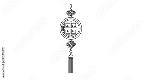 Black line art illustration of a traditional Chinese decorative knot with a circular emblem and long tassels on white.