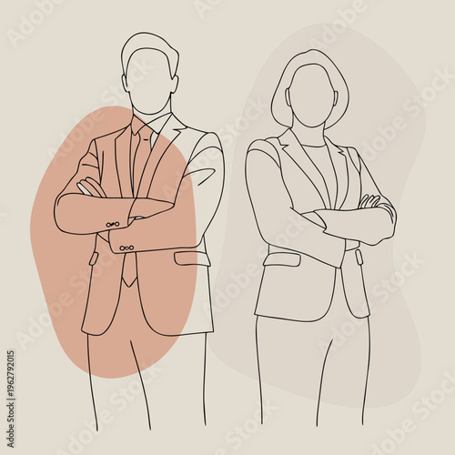 Two professional individuals standing confidently with arms crossed in business attire embodying poise and self-assurance in a minimalist design